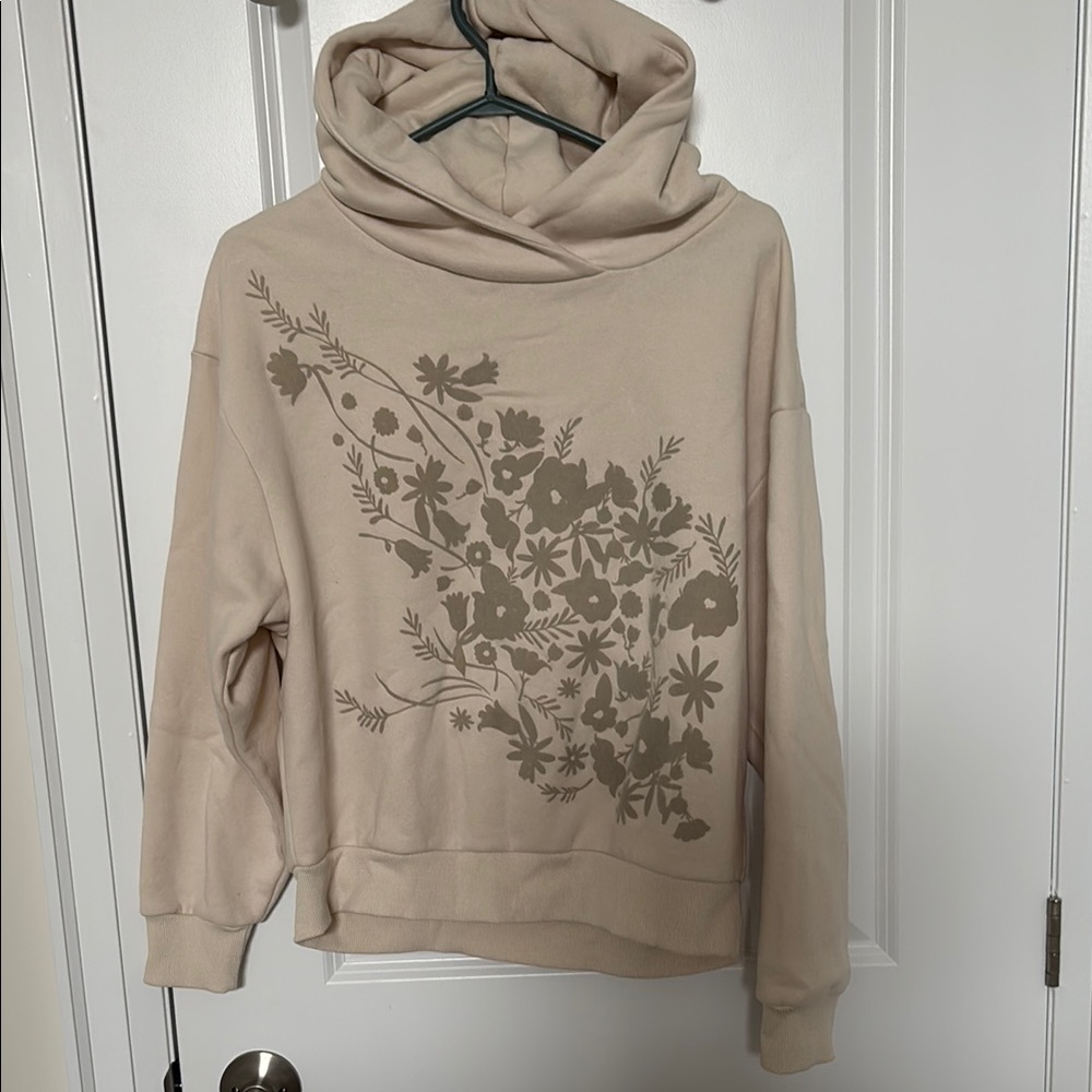 Women's Cream Floral Graphic Pullover Hoodie Sweater